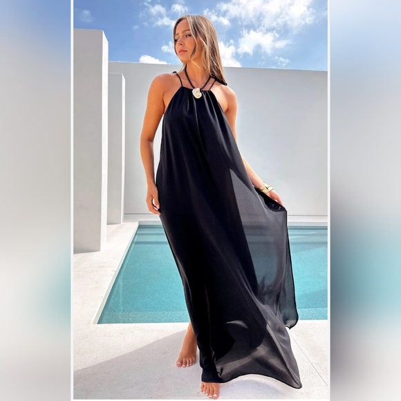 Black MuMu Maxi Dress- Black Slip with Maxi Dress Transparent Satin Scoop Back M - Picture 1 of 8